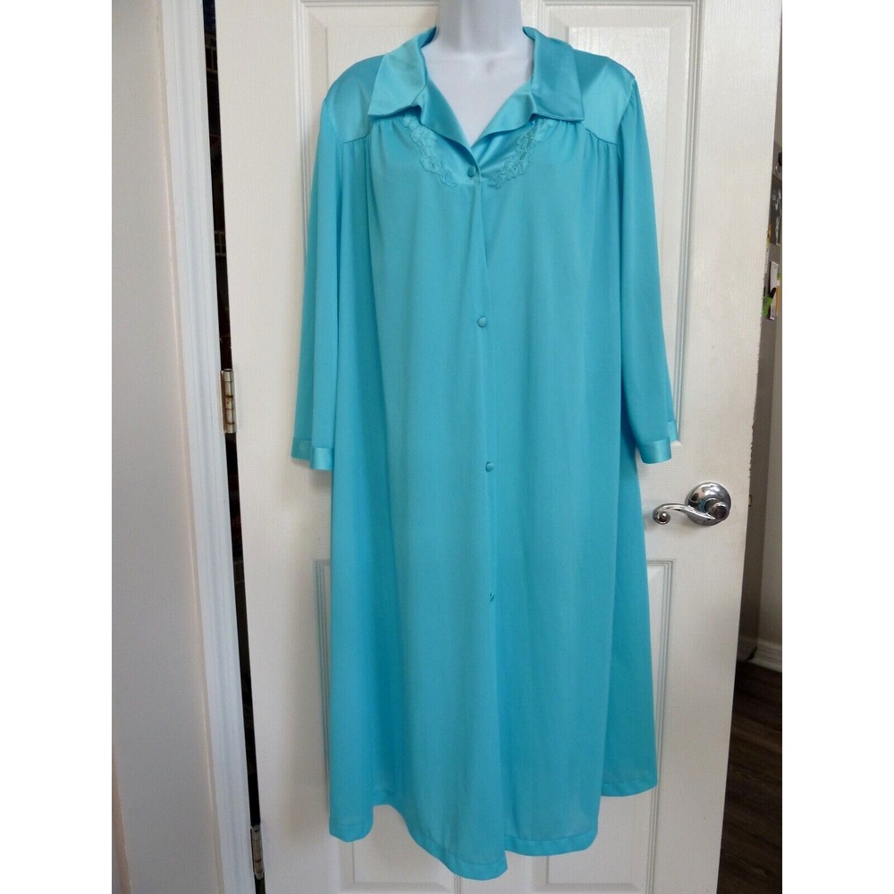 Vanity Fair Blue Nylon Bathrobe XL 3/4 Sleeve Midi Summer Satiny Button Front